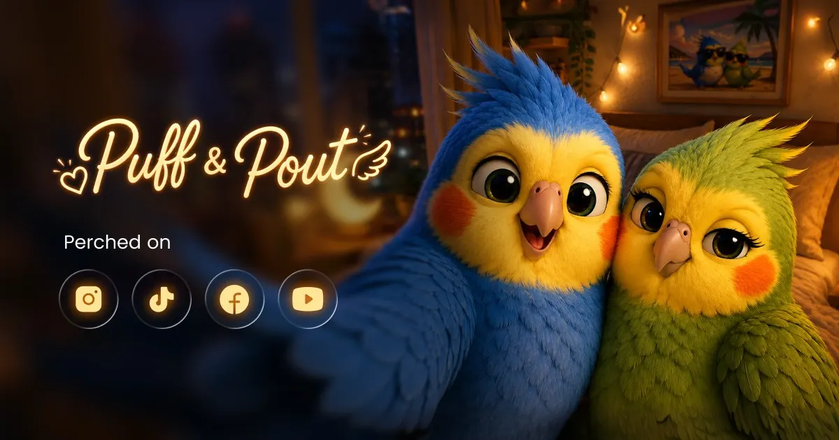 Puff and Pout, two budgie characters, taking a selfie in a cosy bedroom at night